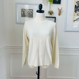 Vintage Alfred Dunner Petite Ivory Mock Neck Knit Top Beaded Leaves Subtle Green